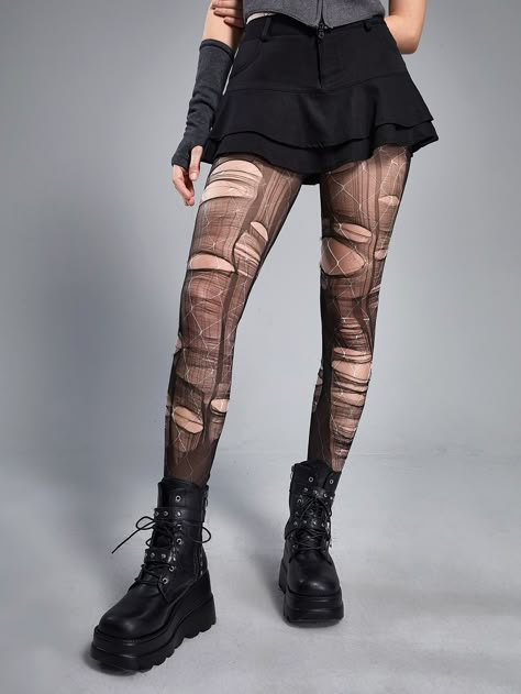 ROMWE Grunge Punk 1pair Solid Tearable Stockings & 1pair Fishnet Tights Ripped Fishnet Tights, Ripped Tights Aesthetic, Fishnet Tights Outfit Grunge, Black Ripped Tights, Emo Tights, Punk Tights, Fishnet Outfit Baddie, Punk Rave Outfits, Grunge Tights