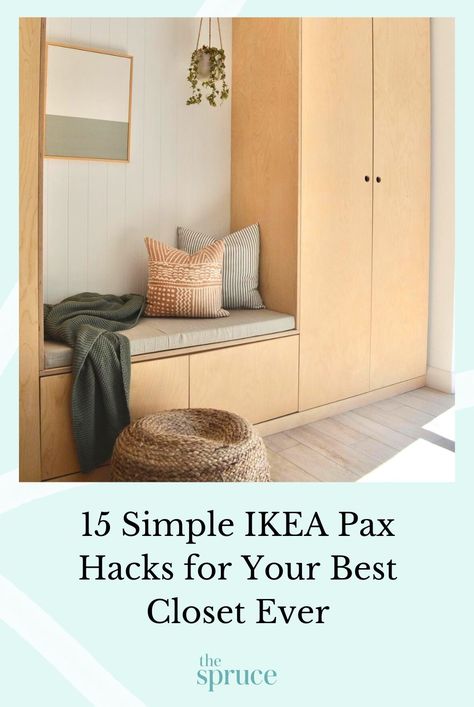 DIY dream closet! The IKEA Pax closet system offers endless DIY'ing opportunities to transform it. Keep reading for the best IKEA Pax hacks to inspire your own space.  #ikeahacks #ikeadecorideas #apartmentdecor #apartmentdecoratingonabudget  #smallspacedecorating #thespruce Pax Hallway Closet, Ikea Bedroom Hacks Small Spaces, Ikea Pax Reinsvoll Beige, Ikea Pax Bookshelves, Ikea Pax Bookcase, Ikea Pax Door Diy, Ikea Hacks Hallway Entryway, Pax Hallway Storage, Ikea Locker Hack