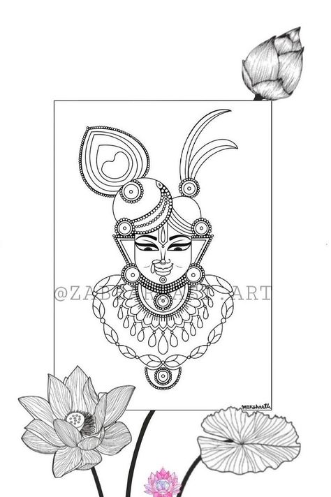 Pichwai Drawing For Tracing, Shreenathji Sketch, Pichwai Sketch, Shrinathji Drawing, Shreenathji Drawing, Pichwai Paintings Outline, Shreenathji Painting Sketch, Navratri Top, Lotus Flower Art