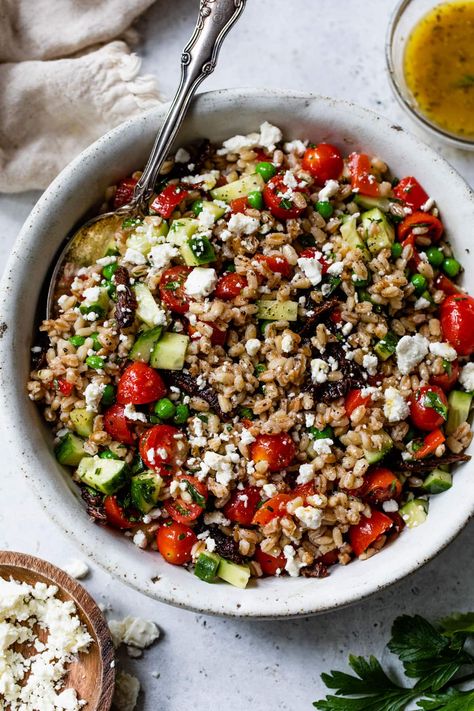 Italian Farro Salad Farro Dishes, Warm Farro Salad, How To Cook Farro, Farro Salad Recipes, Farro Recipes, Well Plated, Holiday Meal Planning, Recipe Developer, Potluck Side Dishes