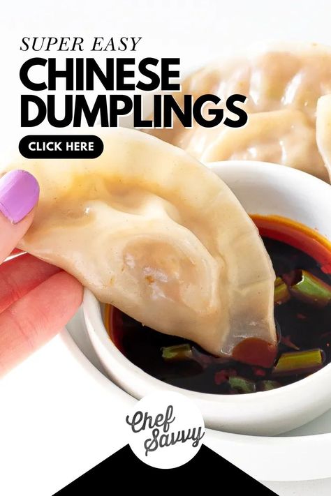 Save this recipe for the Best Easy 30 Minute Chinese Chicken Dumplings. This easy Asian Dumplings recipe is made in two different ways. The step-by-step tutorial for both pan-fried and steamed chicken dumplings is so simple. They take less than 30 minutes to make! Perfect as an appetizer or to share when you’re entertaining. Follow Chef Savvy for more Christmas Appetizers! How To Make Asian Dumplings, Asian Dumplings Sauce, Chinese Chicken Dumplings Recipe, Dumpling Press Recipes, Making Dumplings Easy Recipes, How To Make Chicken Dumplings, Dumpling Dough Recipe Homemade, Steamed Dumplings Recipe Easy, Pan Fried Dumplings Recipe