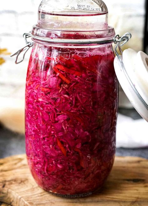 Red cabbage sauerkraut Fermented Red Cabbage, Red Cabbage Sauerkraut, Making Sauerkraut, Fermented Sauerkraut, Sauerkraut Recipe, Fermenting Weights, Sauerkraut Recipes, Red Beets, Recipe Roundup