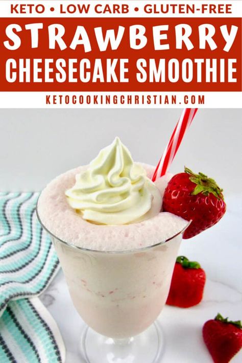 Keto Strawberry Cheesecake Smoothie Enjoy this sweet and refreshing low carb strawberry cheesecake smoothie any time of day. Add in a scoop of your favorite protein powder and it becomes a meal replacement shake! #ketoshakes #ketostrawberrysmoothie #ketoproteinshake Strawberry Cheesecake Smoothie, Keto Strawberry Cheesecake, Keto Bakery, Keto Shake, Strawberry Protein Smoothie, Keto Beverages, Keto Protein Shakes, Low Carb Shakes, Low Carb Protein Shakes