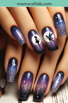 Nail Ideas For May 2024, Fairy Nail Art Design, Ostara Nails, Firefly Nails, Nail Designs With Butterflies, Garden Nails Design, Purple Fairy Nails, Mystical Nail Designs, Spring Goth Nails