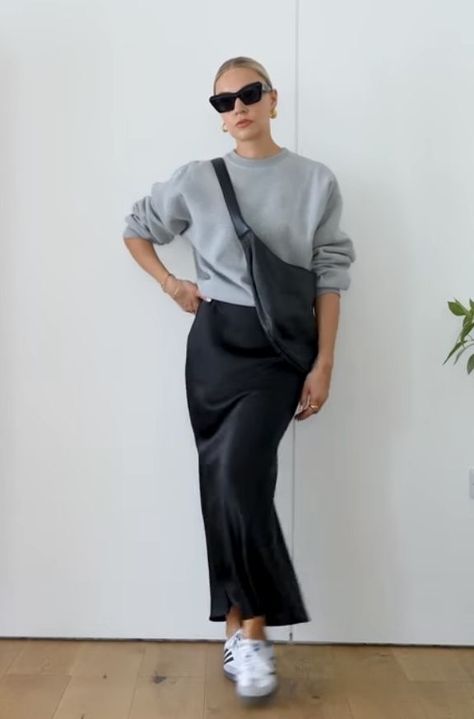 City Shopping Outfit, Slip Skirt And Sneakers, Black Satin Slip Skirt Outfit, Black Straight Skirt Outfit, Silk Skirt With Sneakers, Black Silk Skirt Outfit Winter, Long Skirt And Sneakers Outfit, Black Silk Midi Skirt Outfit, Amalfi Outfits