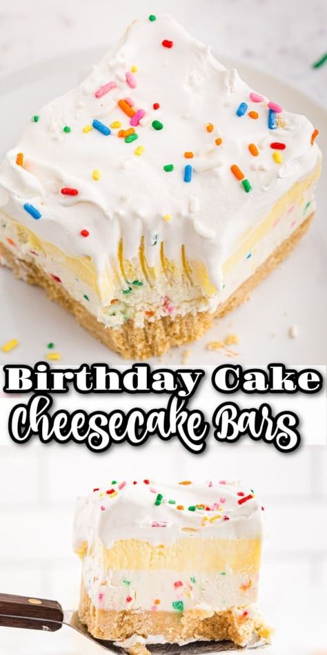 Birthday Cake Cheesecake Bars, No Bake Birthday Cake Cheesecake, Rainbow Cheesecake Bars, Fun Fetti Cake Mix Recipes, No Bake Birthday Cake, Cheesecake Birthday Cake, Cookie Crust Cheesecake, Cheesecake Flavors, Unhealthy Recipes