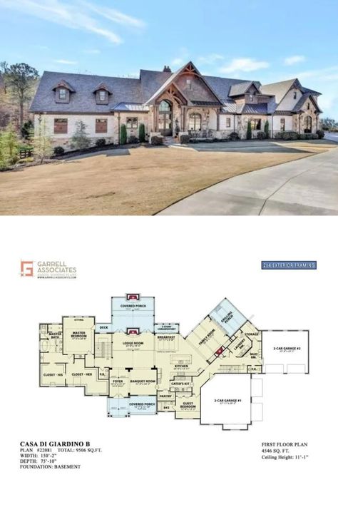 9,000 Sq Ft 6-Bedroom Craftsman Style Casa Di Giardino B House Plan with Open Concept Living Social Room, Equipment Room, Multigenerational House Plans, Stacked Porches, House With Land, Multigenerational House, Farmhouse Craftsman, Palladian Window, 6 Bedroom House Plans