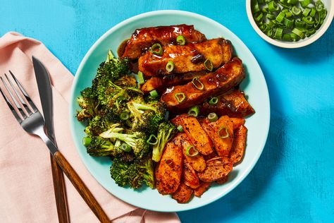 Share me on Pinterest Pork Lunch, Balsamic Pork Chops, Broccoli And Potatoes, Balsamic Pork, Sriracha Chicken, Glazed Pork, Hello Fresh Recipes, Pork Glaze, Glazed Chicken