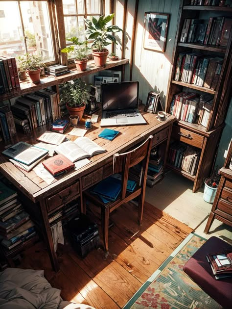 Writer Room Decor, Writing Nook, Cluttered Desk, Studying At Home, Desk Reference, Cozy Study, Writing Room, Japanese Home Decor, Small Home Offices