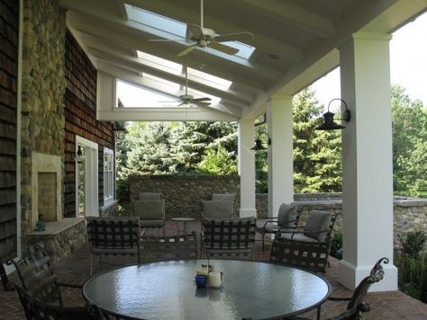 Covered Porch with skylights, spa and outdoor fireplace. Porch With Skylights, Outdoor Covered Patio Ideas, Covered Patio Ideas, Hot Tub Pergola, Spa Area, Screened Porches, Outdoor Covered Patio, Patio Deck Designs, Modern Pergola