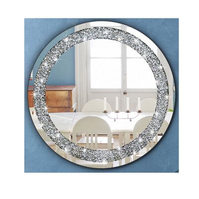 Mirror Accent Wall, Silver Wall Decor, Diamond Decor, Round Mirror Decor, Crushed Diamonds, Silver Wall Mirror, Mirror Wall Living Room, Diamond Wall, Silver Walls