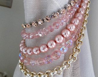 Pink and gold Bohemian crystals tieback, pink faux pearls decorative curtain tieback, nursery room tieback, gold chain blush rhinestones Bedroom Curtain Ideas, Beaded Curtain, Bedroom Curtain, Curtain Holder, Gold Tie, Bohemian Crystal, Cool Curtains, Curtain Ideas, Curtain Designs