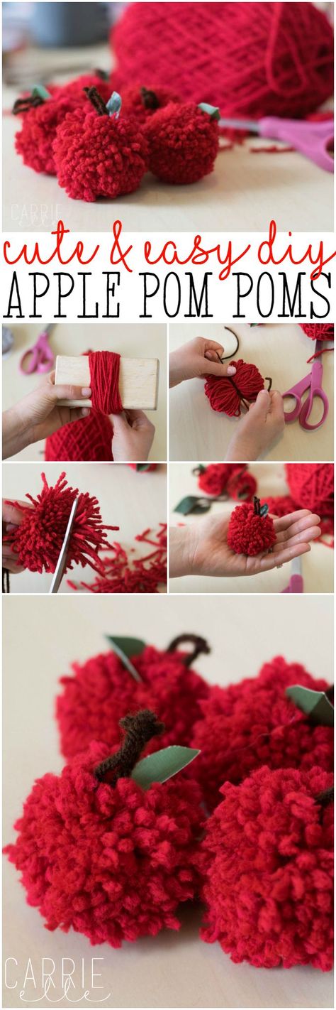 DIY Teacher Gift Ideas: Apple Pom Poms (these are so easy and SO adorable). Get the full tutorial and lots of ideas for how to use them! Creative Teachers Gifts, Diy Apple, Diy Pom Poms, Teacher Gift Ideas, Gift Ide, Apple Gifts, Apple Decorations, Teachers Diy, Fruit Gifts