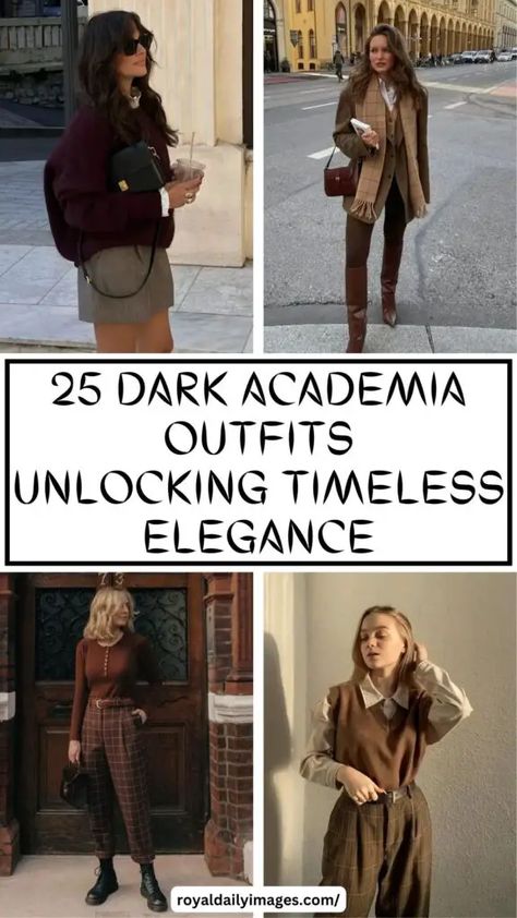 Discover the perfect outfits to achieve that scholarly and sophisticated Dark Academia look. Explore 25 handpicked ensembles that exude timeless elegance and intellectual charm. Classic Dark Academia Outfits, Business Dark Academia, Dark Academia Over 40, Soft Dark Academia Aesthetic Outfits, Business Casual Outfits Dark Academia, Dark Academia Shopping List, Dark Academia Womens Fashion, Dark Academia Street Style, English Academia Aesthetic