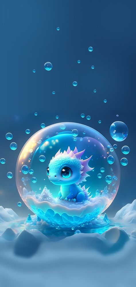 A cute chibi ice dragon in a bubble, enchant color, dynamic lighting Cute Dragon Wallpaper, Cute Blue Dragon, Dragon Wallpapers, Kawaii Dragon, Chibi Dragon, Kawaii Pics, Dragon Light, Dragon Wallpaper, Baby Dragons