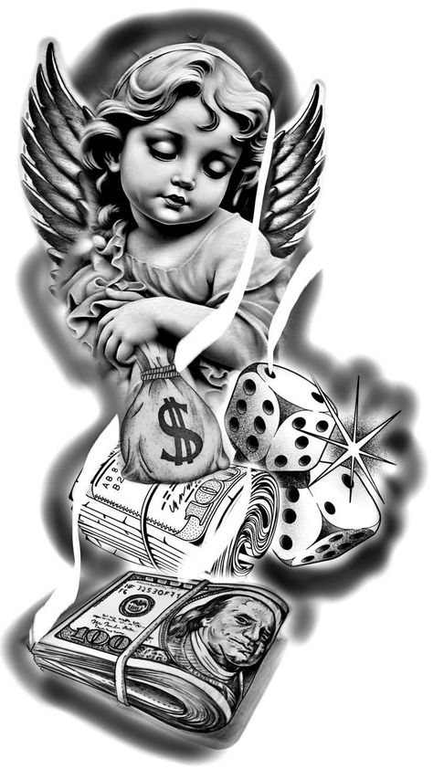 Money Bag Tattoo, Family First Tattoo, Half Sleeve Tattoo Stencils, Protection Sigils, Cupid Tattoo, Guardian Angel Tattoo, Half Sleeve Tattoos Drawings, Wolf Tattoo Sleeve, Tattoo Lettering Design