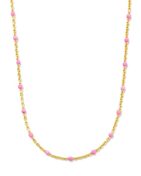 Every outfit should have a pop of pink, especially if it’s an excuse to style the Pink Enamel 18k Gold Vermeil Satellite Chain Necklace. A trendy design and even trendier color come together in this elevated essential you’ll layer up, style solo, and reach for time and time again. Metal 18k Yellow Gold Vermeil What is Vermeil? Vermeil (that’s pronounced ver-may) is a gold plating technique that dates back to the 19th century. While other jewelers plate over less durable metals, our vermeil start Enewton Necklace Stacks, Hot Pink Kendra Scott Necklace, Puravida Necklaces, Kendra Scott Necklace Stack, Gold Jewelry Necklace Stack, Preppy Gold Jewelry, Girly Presents, Layering Kendra Scott Necklaces, Cute Pink Accessories