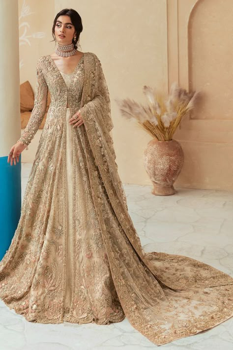 Anarkali Bridal, Walima Dress, Desi Wedding Dresses, Asian Bridal Dresses, Asian Wedding Dress, Lehenga Gown, Latest Bridal Dresses, Bridal Dresses Pakistan, Gold Gown