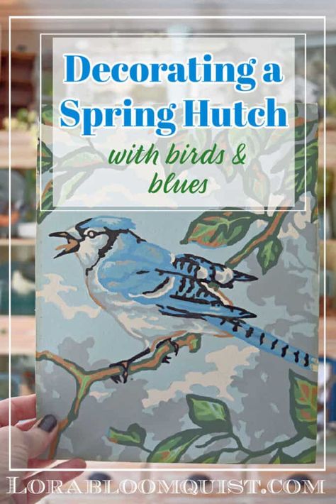 Decorating For Spring, Bluebird Painting, Spring Decorating Ideas, Hutch Display, Aqua Decor, Spring Display, Garden Organization, Colorful Dishes, Ideas For Decorating