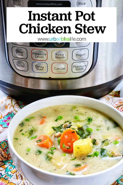 This hearty chicken stew is the ultimate comfort food that you can make in 30 minutes. Insta Pot Chicken Stew Recipes, Instant Pot Chicken Stew, Instant Pot Chicken And Zucchini Recipes, Chicken Potato Stew Instant Pot, Instant Pot Chicken Carcass Soup, Pressure Cooker Chicken Stew, Creamed Peas, Stew Chicken Recipe, Hearty Chicken