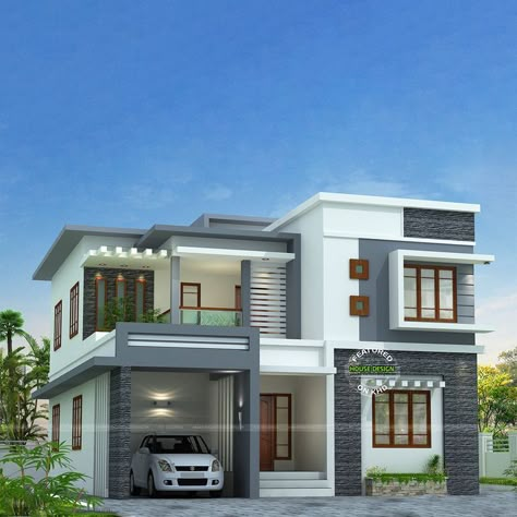 Beautiful box type Kerala house design Two Storey Flat Roof House, Layout Design Architecture House Plans, House Design 3 Storey, Box Type House, New Design House, Flat Roof House Designs, Indian House Exterior Design, 4 Bedroom House Designs, 3 Storey House Design