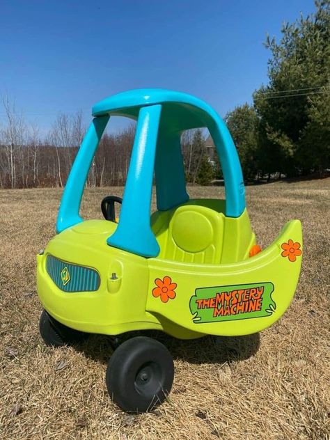 Little Tike Car Makeover, Mystery Machine Cozy Coupe, Painting Little Tikes Car, Paint Cozy Coupe, Painted Little Tikes Car, Fisher Price Car Makeover, Cozy Coupe Makeover Boys, Diy Little Tikes Car Makeover, Little Tykes Car Makeover Cozy Coupe