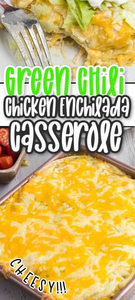 This Green Chili Chicken Enchilada Casserole is a quick and easy dish for Mexican night! Top with all your favorites and enjoy this cheesy, flavorful dish every week! #Realhousemoms #greenchili #chicken #enchilada #casserole #dinner #easydinner Mexican Casseroles Chicken, Green Chili Chicken Enchiladas Casserole, Chicken Green Chili Casserole, Green Chili Chicken Enchilada Casserole, Green Chile Chicken Enchilada Casserole, Enchiladas Casserole, Mexican Casseroles, Green Chili Chicken Enchiladas, Chili Enchiladas