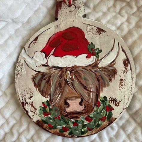 New With Tag Hand Painted Bull/Cow With Santa Hat And Wreath Around Neck Approx 5" In Diameter Approx 6" Tall (Not Not Include Loop For Hanging) So Cute!! Christmas Hand Painted, Cow Ornaments, Painted Santa, Bull Cow, Handmade Christmas Crafts, Cow Design, Christmas Rock, Cowboy Christmas, Wood Tags