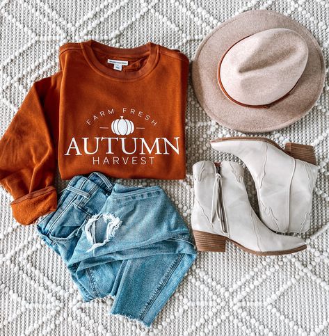 Crewnecks & t-shirt material: 50% polyester, 50% cotton We recommend sizing up for a more oversized comfy fit Fall Tshirt Ideas, Fabric Outfits, Orange Crewneck, Farm Fresh Pumpkins, Spooky Chic, Western Stuff, Halloween Clothes, Vendor Booth, Pumpkin Patches