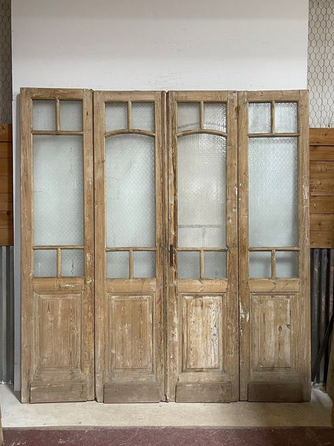 "Antique French doors Antique French doors imported from Egypt, made out of massive East European pine. These doors were pulled out of a building and are architectural salvage. They are not not brand new and has wear and tear. Dimensions: 99\" by 92\" total width *Our doors come in various sizes and at times the sizes might be off a quarter of an inch.  **Imperfections are part of the charm of our antique doors Please contact us with any questions." Home Office With French Doors, French Barn Doors, Vintage French Doors, Office With French Doors, Antique French Doors, Vintage Cupboard, Doors With Glass, Doors Repurposed, Double French Doors