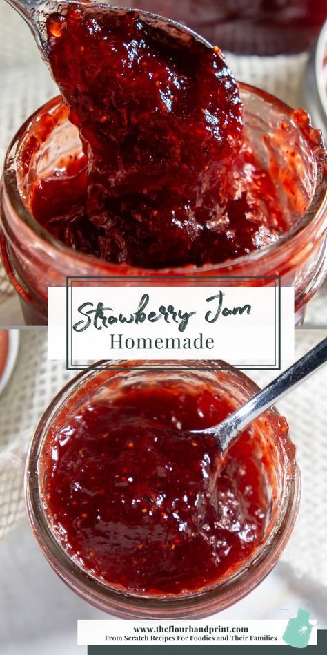 Homemade strawberry jam canning is a great way to preserve summer strawberries or use up the big bags of frozen strawberries in your freezer. Easy strawberry jam recipes like this one use just 3 ingredients to create a sweet, fruity strawberry jam with pectin that has a consistent, spreadable texture. Canning strawberry jam is easy when you follow the proper steps and take your time and it’s a great way to preserve strawberries long after summer has passed. Strawberry Coconut Jam, Strawberry Peach Jam Recipe, Cooked Strawberry Jam, Strawberry Jam Frozen Strawberries, Strawberry Jam Recipe Canning No Pectin, Fresh Strawberry Jam Recipes, Homemade Strawberry Jam Recipe, Frozen Fruit Jam Recipes, Strawberry Perseveres