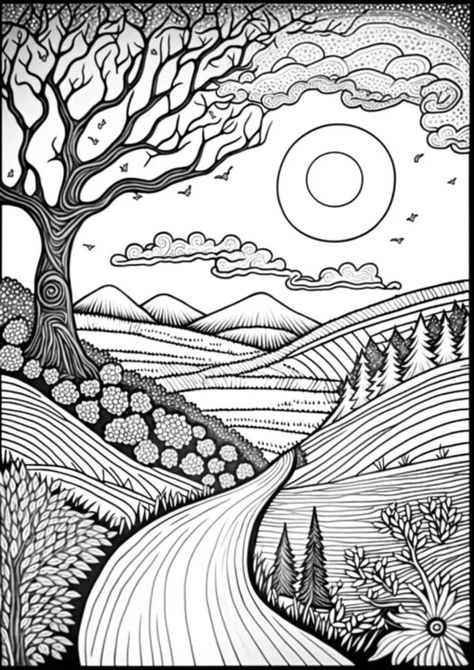 Zentangle Patterns Landscape, Awesome Drawings Creativity, Landscape Pattern Drawing, Zentangle Mountains Landscapes, Creative Landscape Drawing, Landscape Pattern Design, Landscape Doodle Art, Line Art Landscape Drawings, Landscape Coloring Pages Free Printable