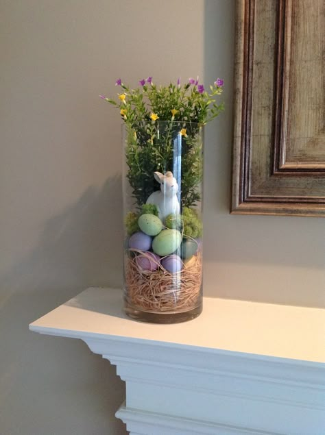 Hurricane glass vase filler for spring and easter on the mantel. Lori lubker pin #easter #hurricane #rabbit Diy Frühling, Easter Spring Decor, Spring Decor Diy, Easter Stuff, Easter Decorating, Spring Decorations, Spring Decorating, Easter Centerpieces, Easter Time