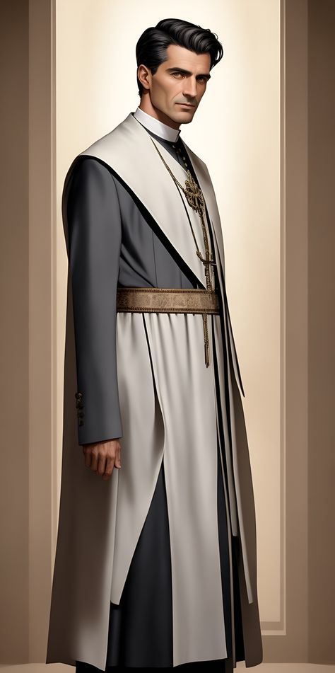 a man of his mid 50s, Italian man with a dignified presence befitting his role as a high-level priest within the Vatican. Sci Fi Priest, Scary Priest, Dnd Priest, Priest Fanart, Fantasy Priest, Priest Character Design, Priest Character, Wizard Outfit, Priest Robes