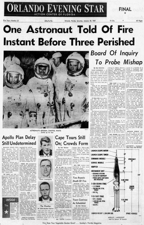 How the Apollo 1 astronauts tragically died in a flash fire on the launchpad (1967) - Click Americana Daily Planet Newspaper, National Geographic Videos, First Astronaut, Apollo Moon Landing, Nasa 1960s, Apollo Spacecraft, Industrial Revolution Newspaper, Ancient Astronaut Theory, Apollo 1