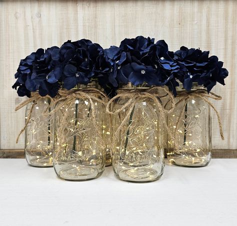 Lighted Mason Jar Centerpieces, Navy Blue Hydrangea, Centerpieces Graduation, Starry Night Prom, Celestial Wedding Theme, Event Centerpieces, Blue Wedding Decorations, Prom Themes, Decor Event