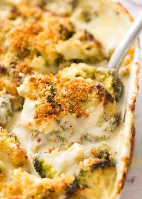 Close up of a spoon scooping up a serving of creamy garlic parmesan Broccoli Casserole Mushroom Bake, Broccoli Gratin, Delicious Broccoli, Parmesan Broccoli, Garlic Broccoli, Cream Of Broccoli, Au Gratin Recipes, Broccoli Bake, Creamy Broccoli