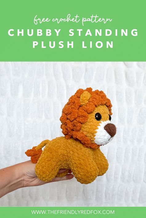 This plush lion crochet pattern is extra cuddly and a great size! Standing on four legs, this lion works up surprisingly quickly with the plush yarn. Crochet Lion Pattern Free, Lion Crochet Pattern Free, Lion Amigurumi Pattern Free, Free Lion Amigurumi Patterns, Arigumi Patterns Free Lion, Lion Plushie Pattern, Lion Crochet Pattern, Crochet Plush Lion Free Pattern, Lion Crochet