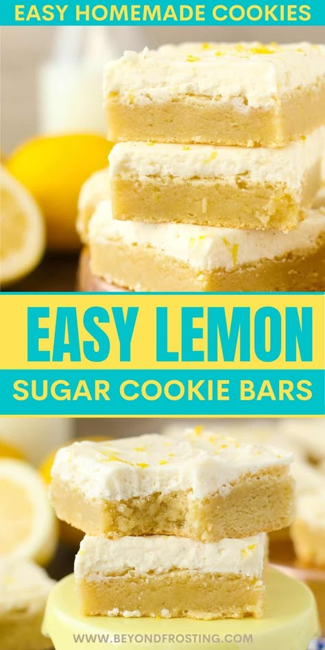 These Lemon Sugar Cookie Bars are soft, thick, chewy, buttery, and lemon-y sugar cookies slathered with sweet vanilla buttercream. Lemon Sugar Cookie Bars Recipe, Lemon Sugar Cookie Bars, Lemon Cookie Bars, Sugar Cookies Frosting, Easter Cookie Bars, Lemon Recipes Easy, Lemon Sugar Cookies Recipe, Spring Food Ideas, Lemon Sugar Cookie