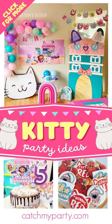 Take a look at this sweet kitty-themed birthday party! The decor is fantastic! See more party ideas and share yours at CatchMyParty.com Kitty Cat Birthday Party Food, Cat Birthday Party Food, Cat Themed Birthday Party Food, Cat Party Games, Kitty Cat Birthday Party Ideas, Cat Party Food, Cat Theme Birthday Party, Cat Birthday Party Ideas, Kitty Cat Birthday Party