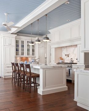 7ft Ceiling Design Ideas, Pictures, Remodel and Decor I love the blue ceiling Painted Beadboard, White Marble Kitchen, Blue Ceilings, Beadboard Ceiling, Kitchen Ceiling, Up House, Kitchen Marble, Kitchen Trends, Large Kitchen