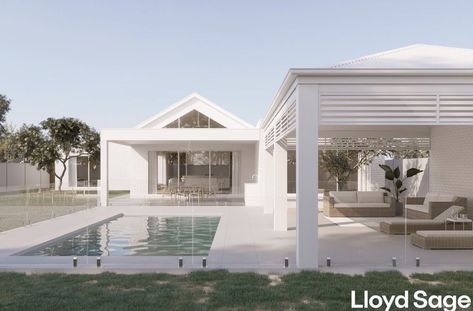 Alfresco Pool Area, Pool And Pool House, White Pillars, Gym Sauna, Inspiring Homes, House Pool, Pool Cabana, House Extension, Modern Backyard