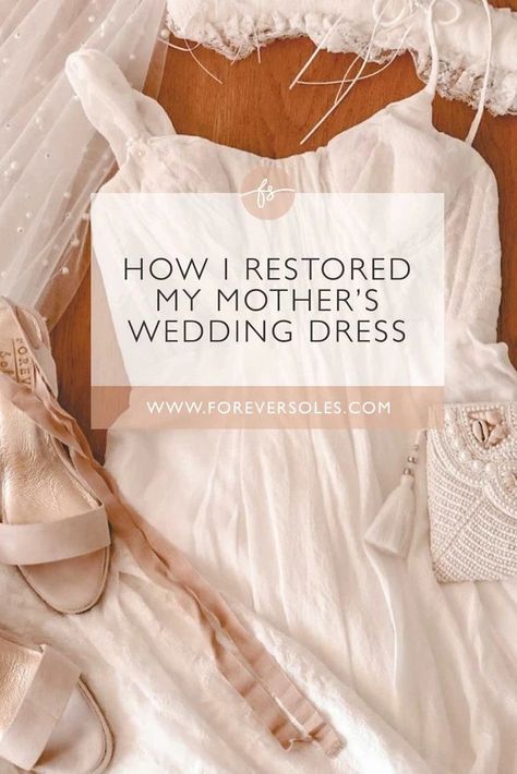 Clean Vintage Wedding Dress, How To Restore Old Wedding Dress, Wedding Dress Redo Ideas, How To Clean A Wedding Dress, Vintage Wedding Dress Alterations, Reconstructed Wedding Dress, What To Do With Moms Wedding Dress, Redesigned Wedding Dress, Altering Wedding Dress