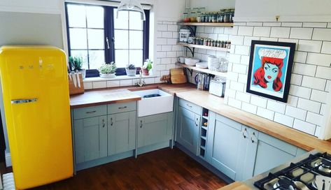 My Victorian style grey kitchen, subway tiles and scaffolding board shelves, yellow smeg fridge Kitchen Subway Tiles, Lamp Room Grey, Downstairs Bar, Grey Shaker Kitchen, Smeg Kitchen, Frame Kitchen, Smeg Fridge, Cottagecore Home Decor, Diy Kitchens