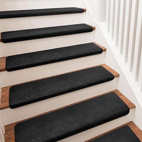 Amazon.com: PURE ERA Carpet Stair Treads Ultra Plush 9.5" X 30"Soft Bullnose Indoor Stair Protectors Pet-Friendly Non-Slip Skid Resistant Tape Free Washable Reusable(14 Pieces,Black) : Tools & Home Improvement Bullnose Carpet Stair Treads, Stairs Edge, Stair Tread Covers, Carpet Treads, Black Stairs, Step Treads, Hardwood Stairs, Carpet Stair Treads, Stair Mats