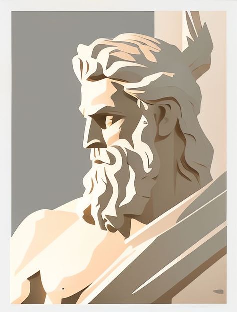 Greek Statues Illustration, Analyzed Painting, Zeus Painting, Zeus Illustration, Zeus Drawing, Zeus Design, Zeus Art, Statue Drawing, Greek Drawing