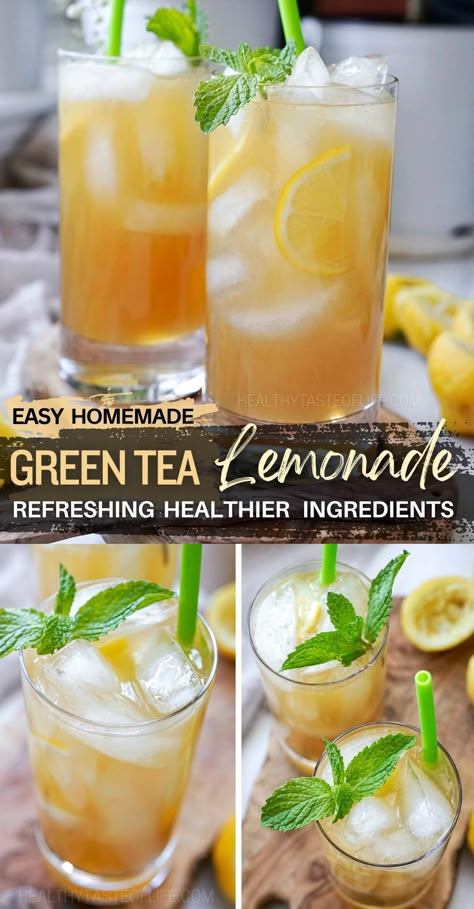 This iced green tea lemonade recipe - a refreshing, flavorful drink that is perfect for summer days. Made with antioxidant-rich green tea and zesty lemon juice, this refreshing drink offers a delicious way to stay hydrated and boost your health. This healthier green tea lemonade is easy to make and can be customized with different flavors to suit your taste. Best homemade lemonade made with green tea. #greentealemonade #refreshingdrinks #healthylemonade Iced Green Tea Lemonade, Tea Lemonade Recipe, Green Tea Lemonade Recipe, Iced Green Tea Recipe, Healthy Teas Recipes, Healthy Lemonade, Green Tea Lemonade, Green Tea Drinks, Iced Drinks Recipes