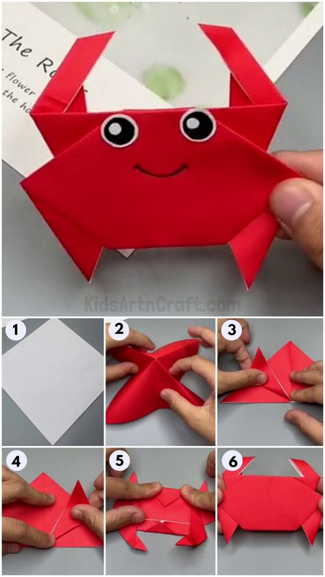 Origami Crab Tutorial, Crab Art And Craft, Easy Origami For Kids Step By Step, Crab Crafts For Kids, Crab Origami, Cute Origami Easy, Paper Crab, Crab Craft, Origami Guide