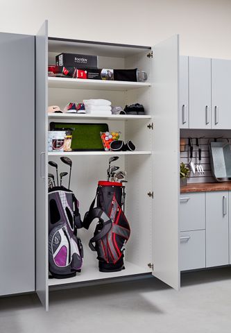 Golf Storage, Garage Organization Shelves, Custom Garage Cabinets, Organization Garage, Garage Windows, Garage Organization Systems, Visual Clutter, Organizational Design, Organization Systems