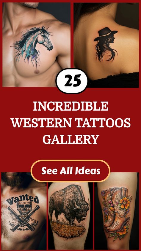 Collage of Western-themed tattoos including a horse, woman with hat, skull with guns, bison, and cowboy boots. Cowboy Skeleton, Skeleton Tattoo, Western Tattoos, Wild West Cowboys, Skeleton Tattoos, Desert Scene, Just Ink, The Wild West, Bull Skulls